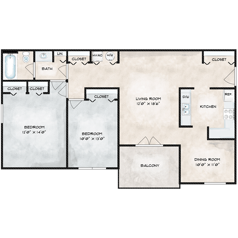 Floor plan for 2 beds, 1 bath, 1012 sqft